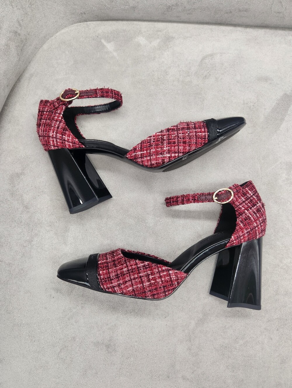 Karl Lagerfeld Pumps 8 Cranberry Pink Tweed Black Sapphira Ankle Strap New $160